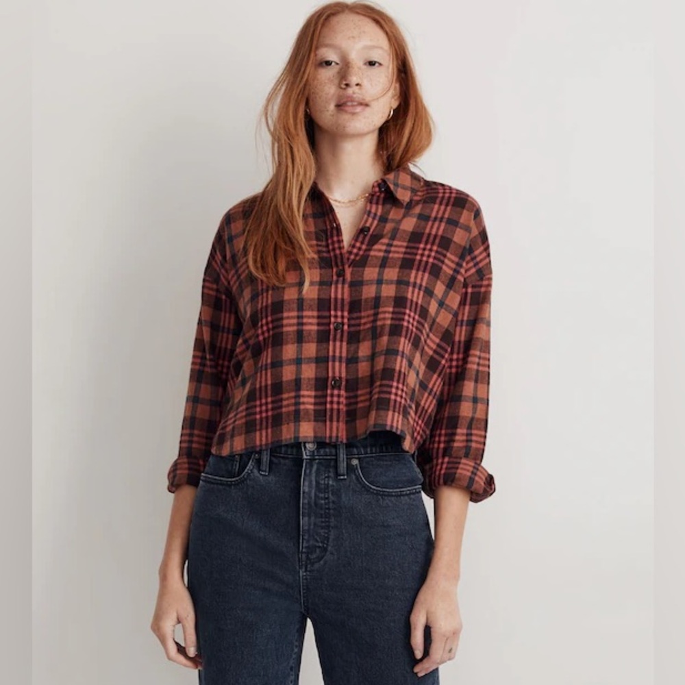 Madewell flannel plaid pink brown button down shirt cropped